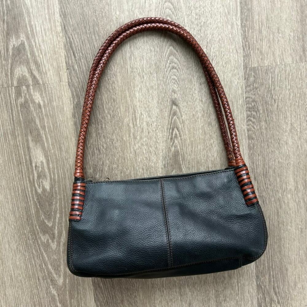 Y2K Fossil Black Leather Shoulder Bag Braided Handle Vintage Purse Pebbled EUC